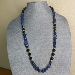30” Lapis Lazuli & Black Onyx Beaded Necklace – Gold Tone Accents